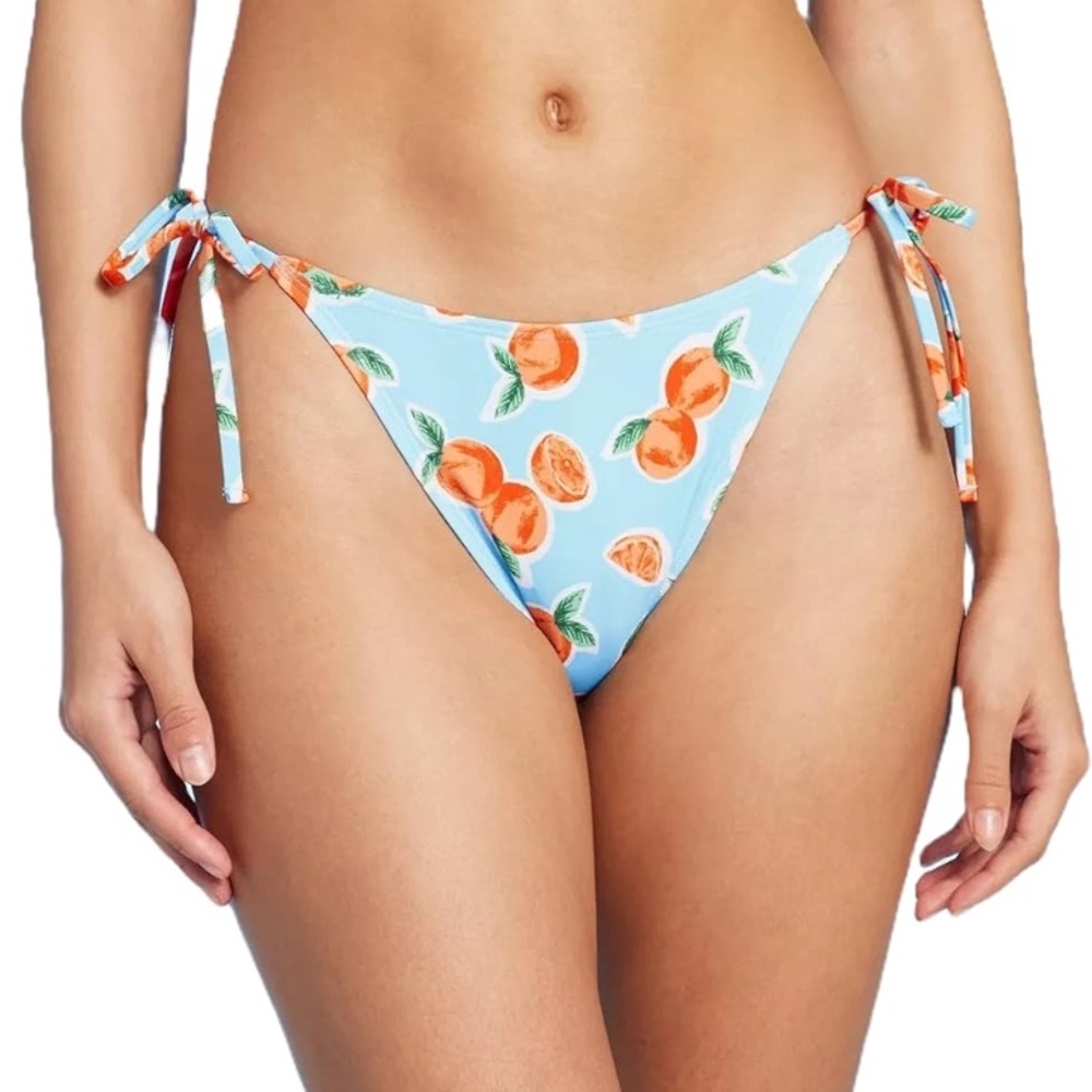 Women's Lite Blue Side-Tie Low-Rise Cheeky High Leg Bikini Bottom -W/Oranges